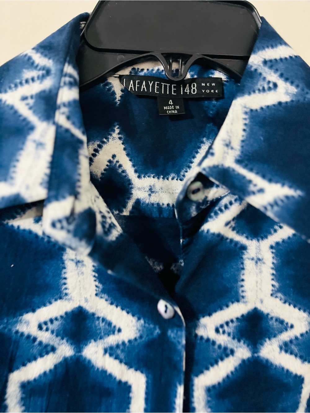 Lafayette 148 Cotton Blue White Batik Print Button Up Shirt Jacket Tie Belt Sz 4 - Picture 3 of 6